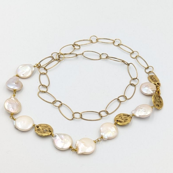 JULIO Coin Pearl Necklace Gold Tone Retired Freshwater Pearl 24 inch long Signed - Picture 12 of 15